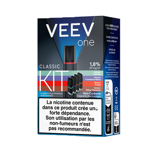 Pack puff rechargeable VEEV ONE Noir Carbone + 4 pods 1,8%
